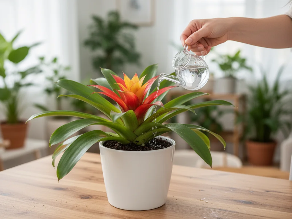 Podlewanie bromelii do podłoża małą konewką, z naciskiem na unikanie moczenia liści i rozetki kwiatowej
