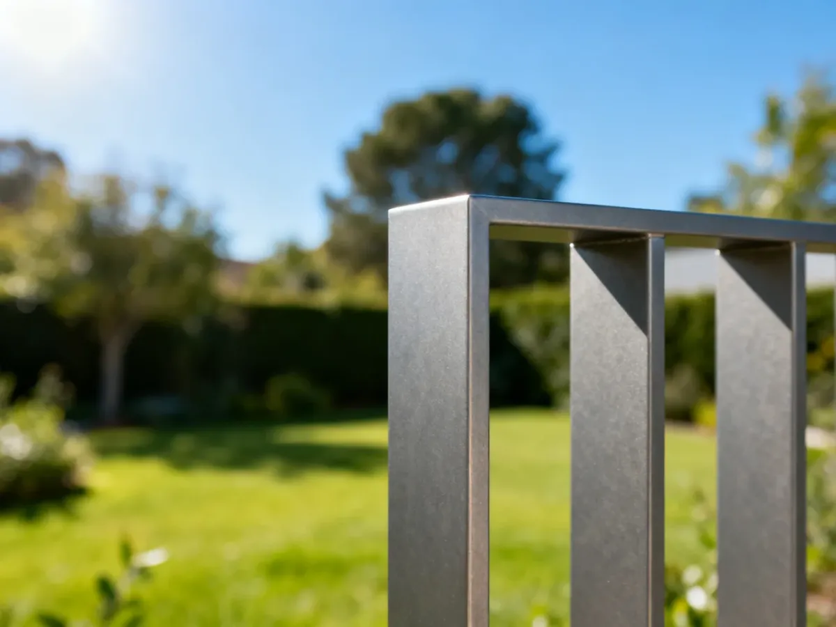 Nowoczesne, minimalistyczne ogrodzenie metalowe na tle słonecznego ogrodu.