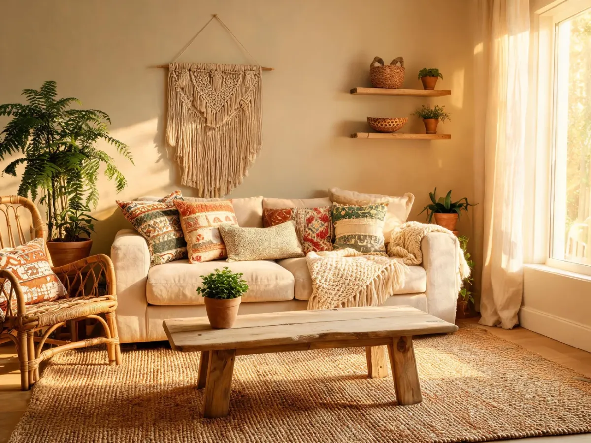 Przytulny salon w stylu boho z naturalnymi materiałami, roślinami i miękkimi teksturami, pokazujący swobodną, relaksującą aranżację.
