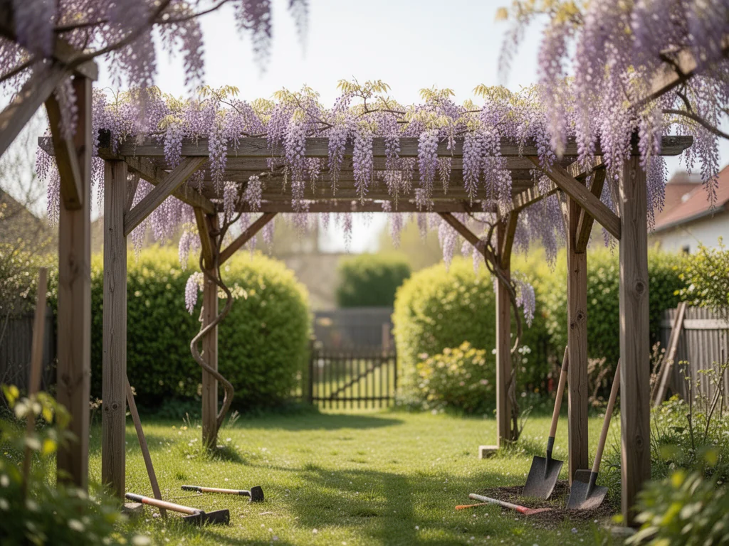 Drewniana pergola w ogrodzie z kwitnącą glicynią, widoczne słupki i belki jako przykład podpory krok po kroku