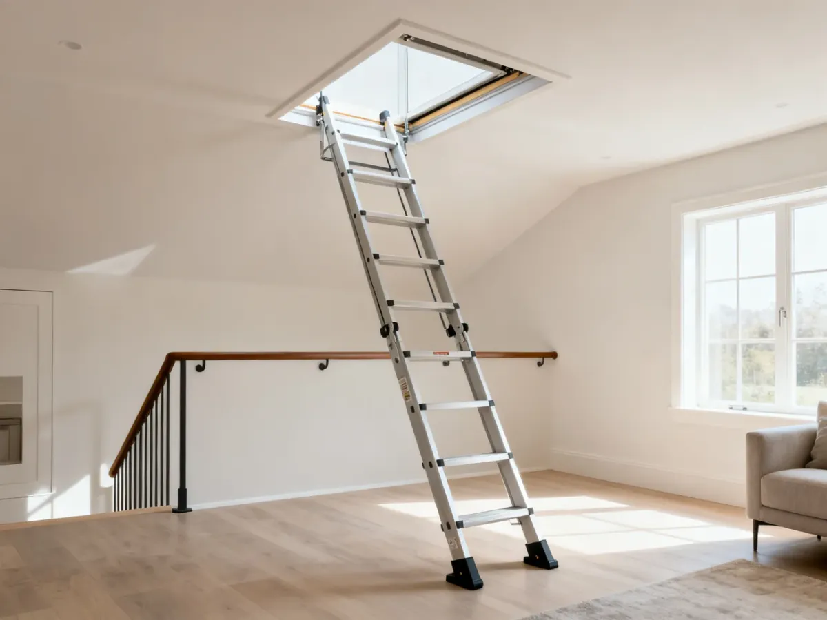 Gotowe schody strychowe z rozłożoną stabilną drabinką i wykończoną klapą