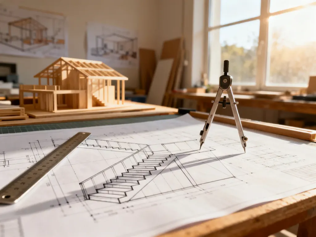 Profesjonalny projekt techniczny schodów zabiegowych na desce kreślarskiej z przyborami geometrycznymi.