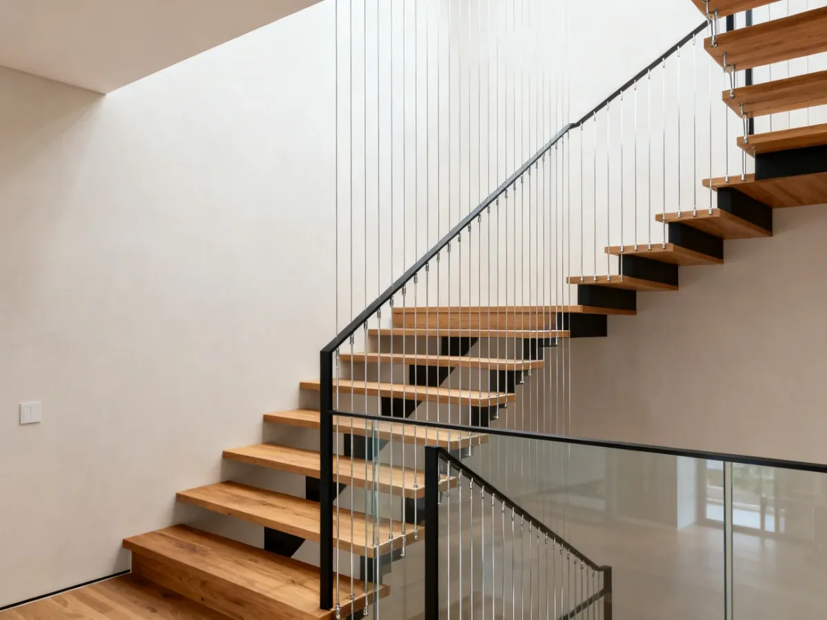 Nowoczesne schody z lekką balustradą z napiętych linek stalowych