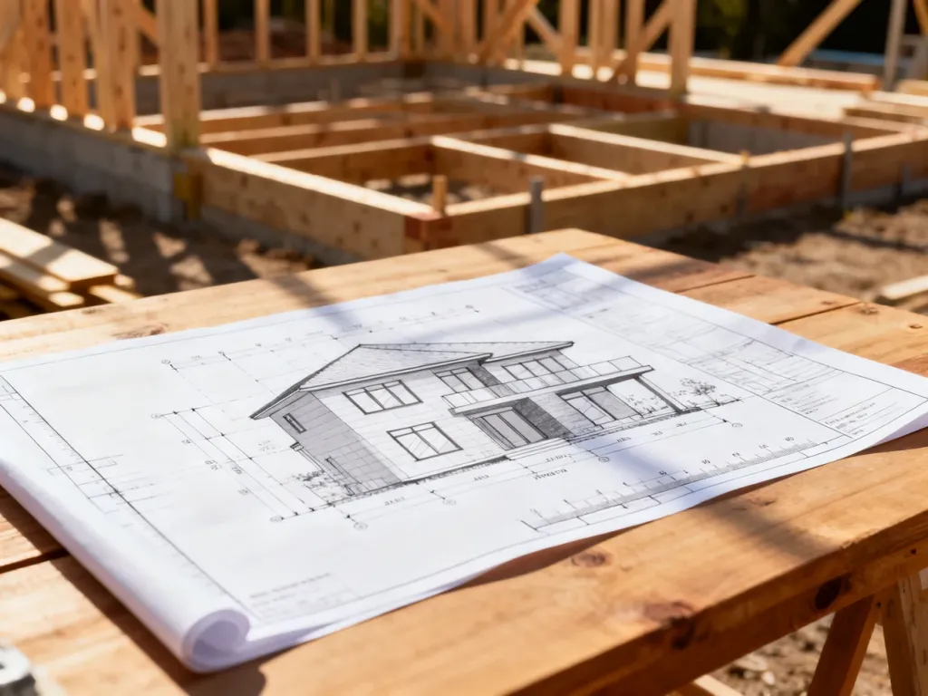 Projekt architektoniczny nowoczesnego domu jednorodzinnego z dokładnymi wymiarami na tle placu budowy.