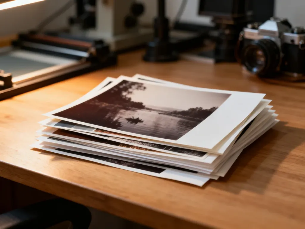 Stos odbitek fotograficznych na drewnianym biurku, podkreślający wysoką jakość i teksturę papieru fotograficznego.