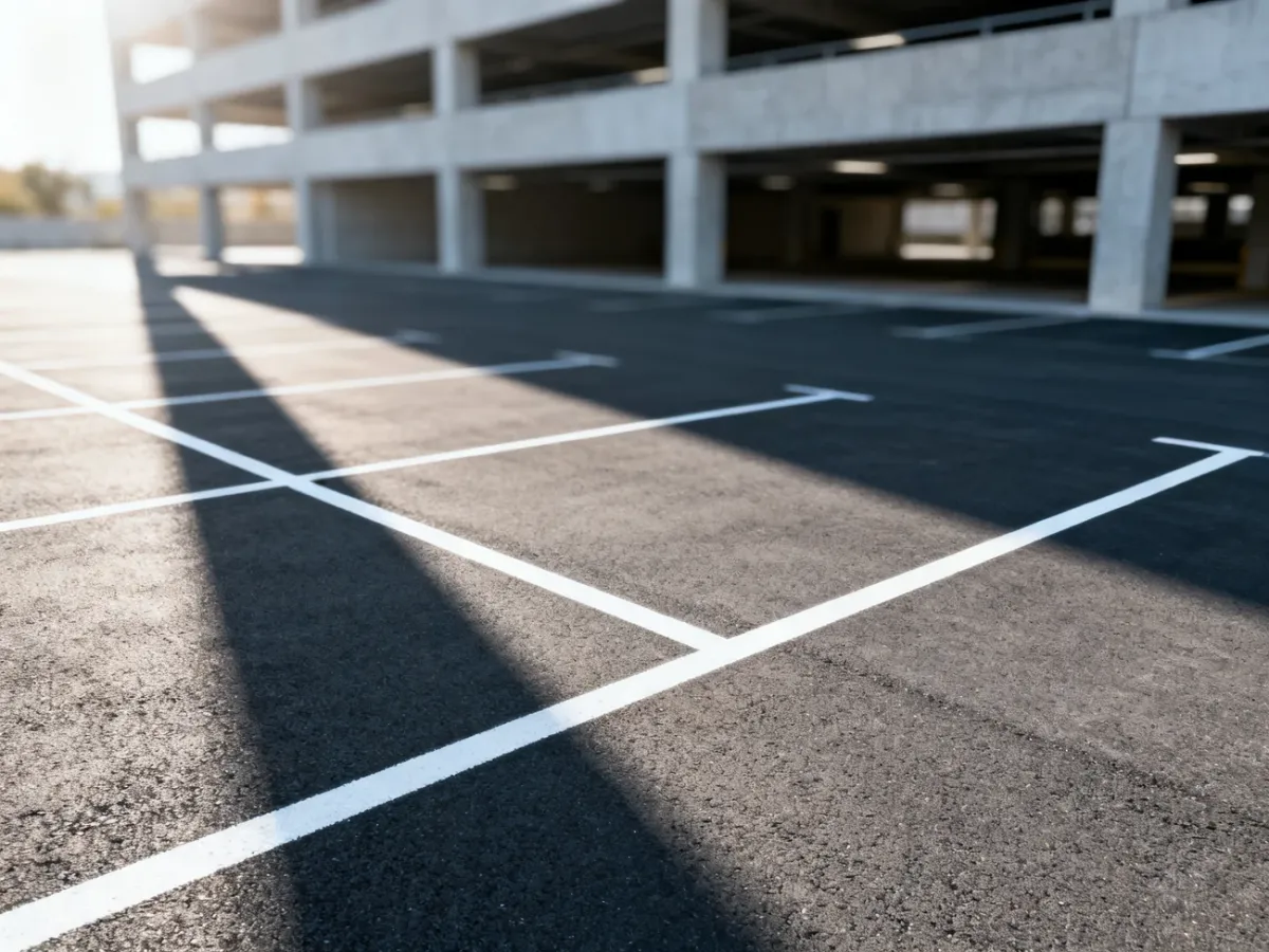 Widok z góry na pusty parking z wyraźnie wyznaczonymi białymi liniami stanowisk postojowych w świetle poranka.