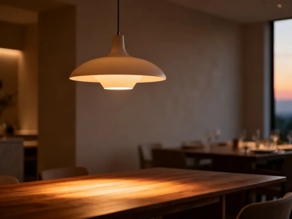 Nowoczesna, elegancka lampa wisząca nad drewnianym stołem w przytulnej jadalni o minimalistycznym wystroju.